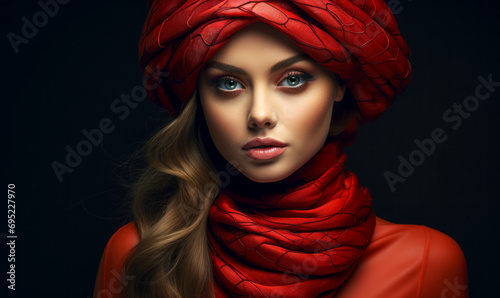 Fashion Model in Red Hat and Scarf with a Stylish and Bold Look, Elegant Makeup, on a Dark Background
