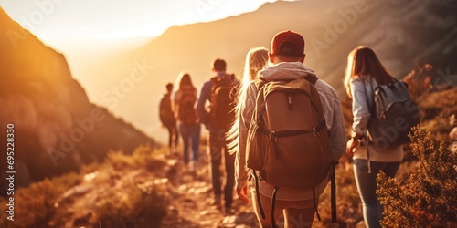 A group of hikers with backpacks are walking together along a mountain route.