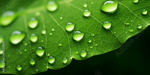 water drops on leaf, A green leaf with water droplets surface, Refreshing and cool water droplets on a lush green background, 