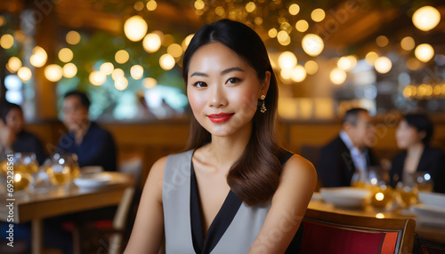 Smiling Japanese Businesswoman Enjoying Break at a Caf  