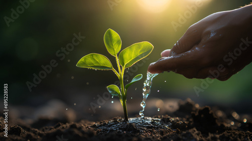 Close up of a hand watering the sprouts of a young