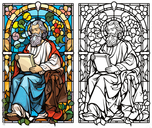 Saint Matthew in the Style of Stained Glass with Presents Coloring Page and Cover Design Vector on a White Background