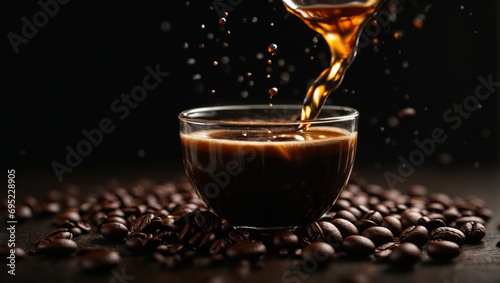 A drop of coffee falls from a height into a cup of coffee, on a black background. generative AI