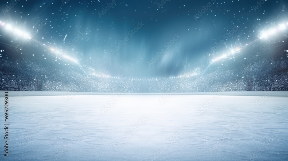 A winter scene of an ice hockey rink covered in snow, illuminated by bright lights. Perfect for sports and winter-themed projects