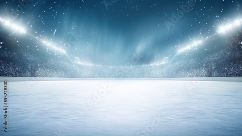 A winter scene of an ice hockey rink covered in snow, illuminated by bright lights. Perfect for sports and winter-themed projects photo