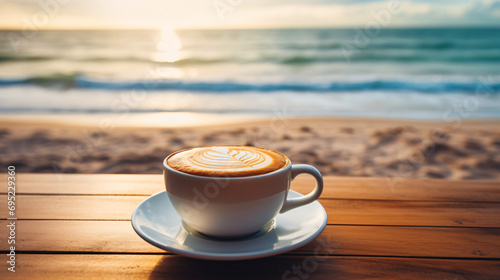 Coffee in white cup on wooden table on beach blurred