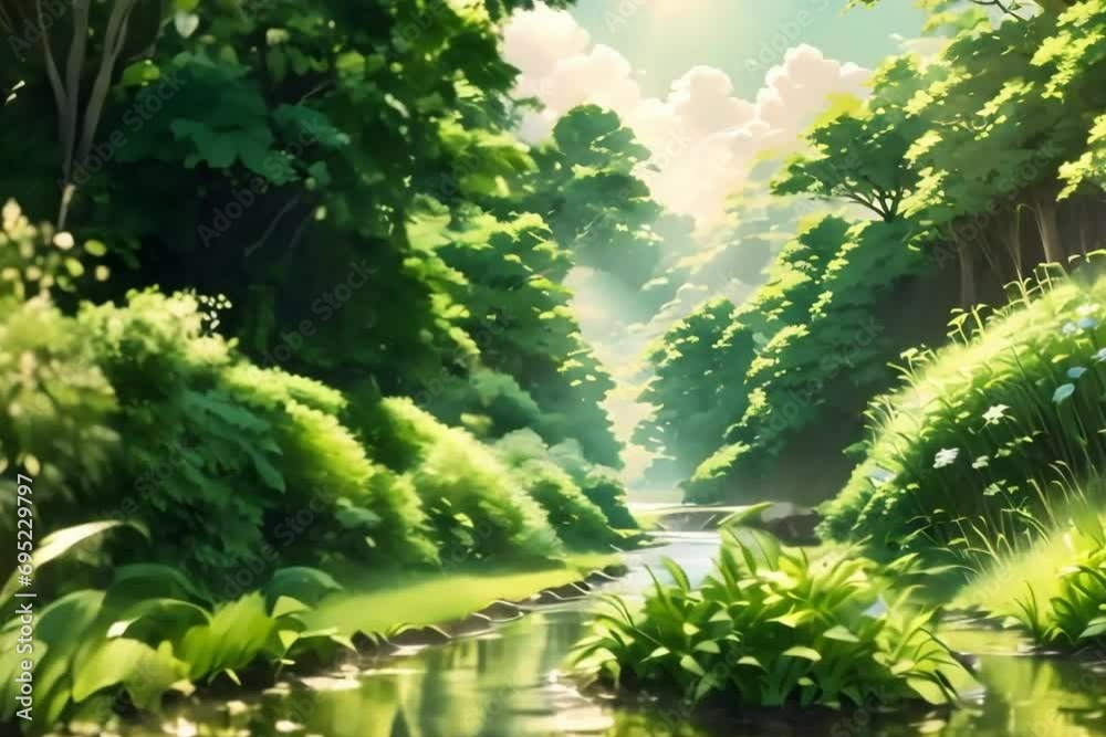 Bright scene with green flowers and grass stream reflecting sparkling sunlight Generative AI. Virtual video scene animated background Bright scene with green flowers and grass stream reflecting sparkling sunlight Generative AI. Virtual video scene animated background