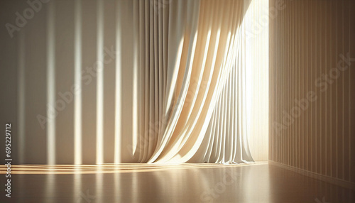 Blowing white sheer curtain, window, sunlight on blank vertical beige brown stripe wallpaper wall, parquet floor for interior design decoration, air flow ventilation concepts background, Ai generated