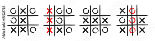 Tic tac toe xo game hand drawn grid doodle template vector illustration set isolated on white background photo