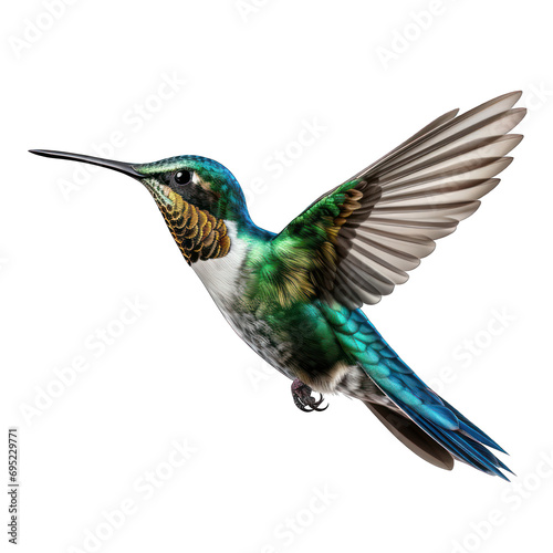 Hummingbird in Flight Isolated on Transparent or White Background, PNG