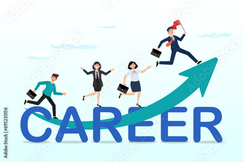 Cheerful businessman and woman running on growing arrow on the word CAREER  career growth or career development  improvement or progress to success in work  job promotion and salary increase  Vector 