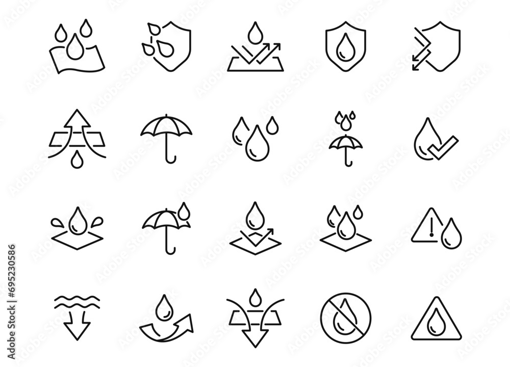 Set of Waterproof Related Vector Line Icons. Contains such Icons as Drop Warning, Moisture Resistant Textile, Allowed to wash under water and more. Editable Stroke. - obrazy, fototapety, plakaty 