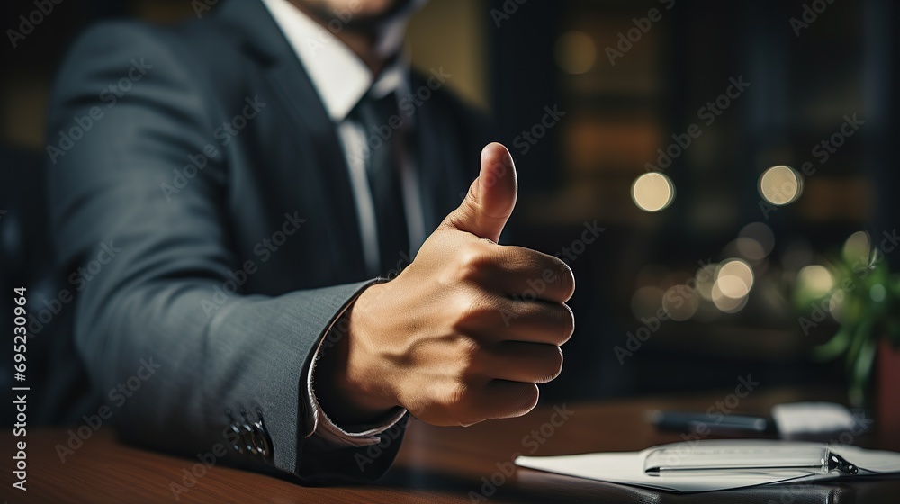 Closeup of man show thumb up for positive customer satisfaction feedback. Good result, win, and success working concept. - obrazy, fototapety, plakaty 