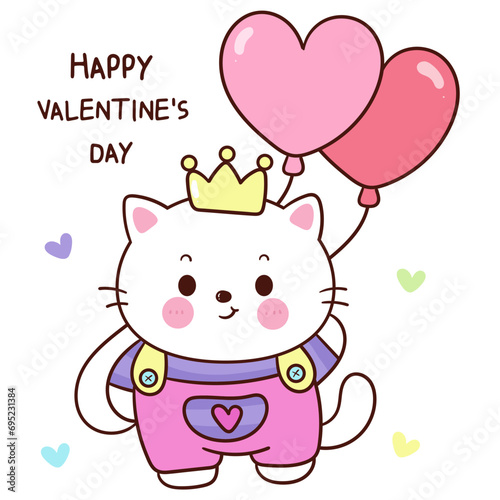 valentine cat cute cartoon holding heart balloons (kitten playing). Series: love festival kawaii animals