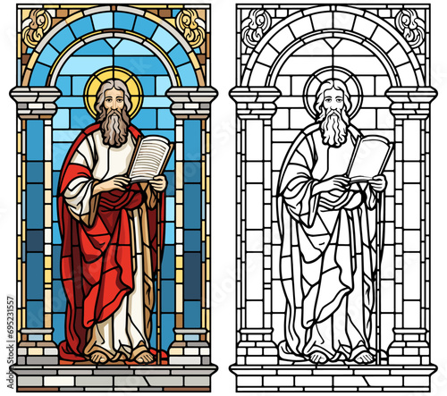 Saint Paul in the Style of Stained Glass with Presents Coloring Page and Cover Design Vector on a White Background