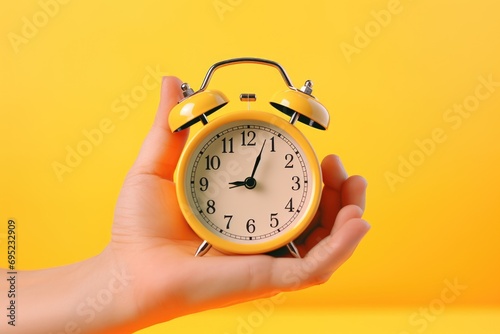 A person holding a yellow alarm clock. Perfect for illustrating time management and punctuality.