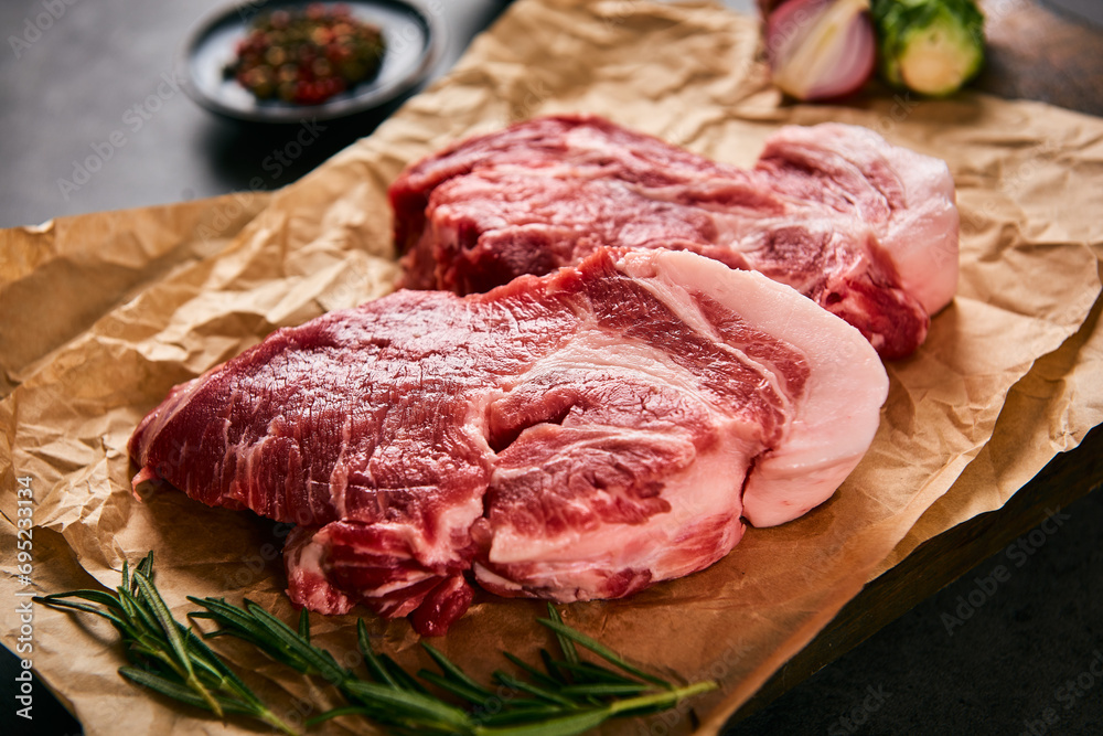 pork neck steak on the cutting board