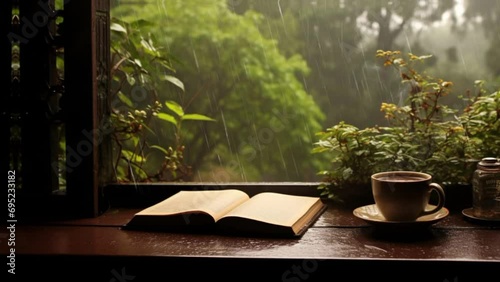 coffe and book with a natural background. video animation photo