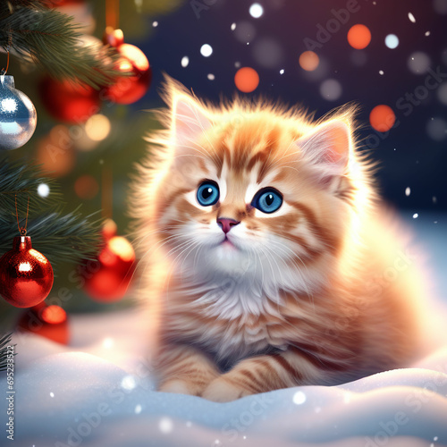 a little kitten under the Christmas tree for Christmas generative ai