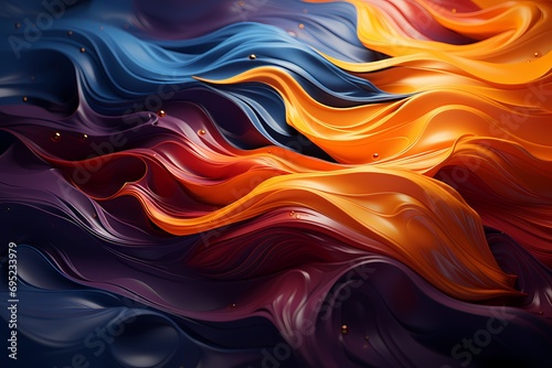 Abstract liquid canvas featuring a mesmerizing blend of midnight blue and fiery orange, creating a visually dynamic HD wallpaper