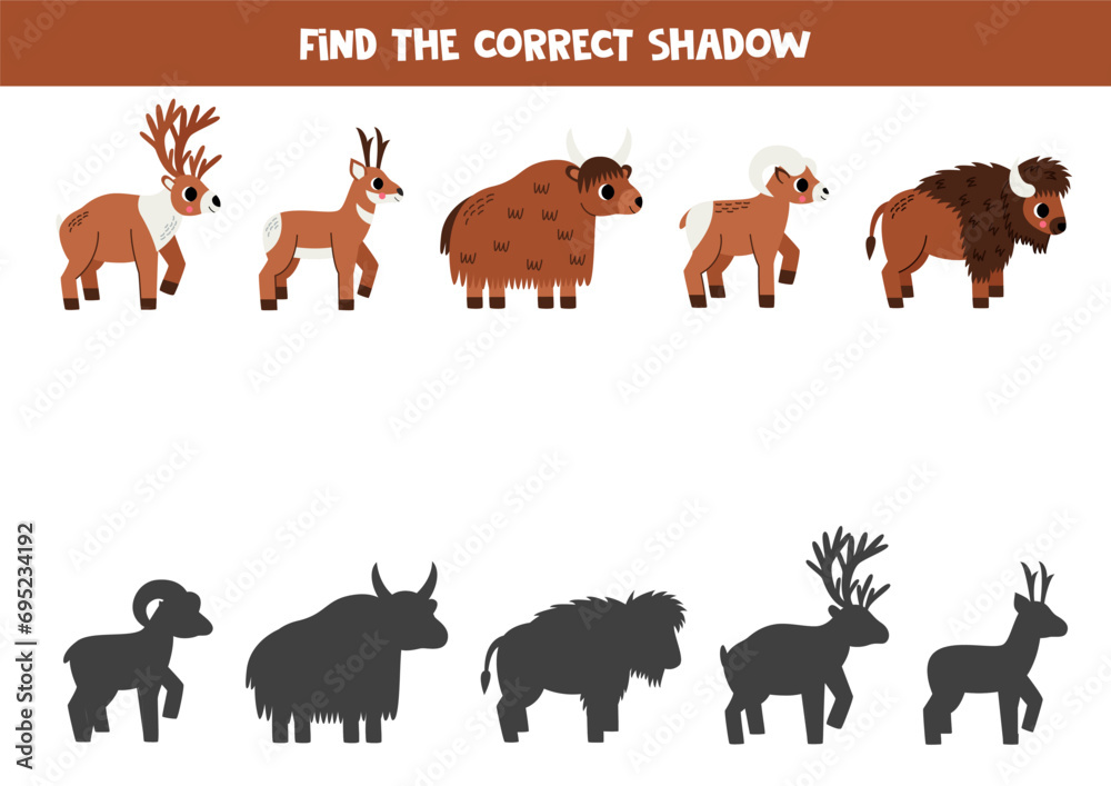 Find shadows of cute North American animals. Educational logical game for kids.