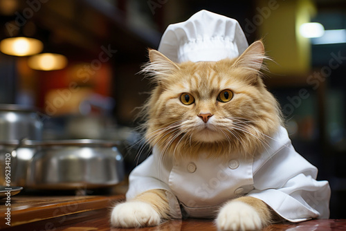 cute big cat as chef with white cap and costume in the kitchen of restaurant