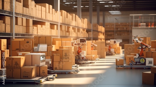 Distribution warehouse with cardboard boxes with high racks and pallets. Legal industrial warehouse concept. Generative AI