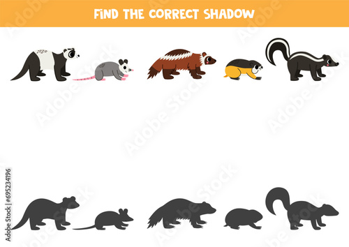 Find shadows of cute North American animals. Educational logical game for kids.