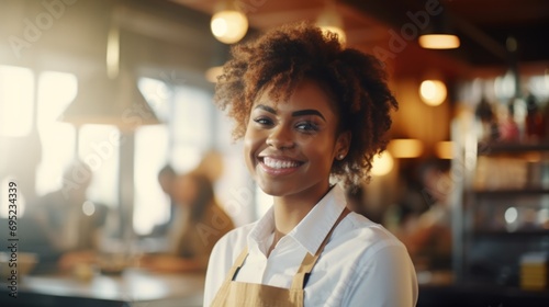 A woman wearing an apron smiles at the camera. Perfect for showcasing a friendly and approachable demeanor. photo