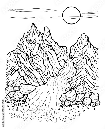 Mountain Glacier landscape. Glacier Melting. Vector illustration. Hand drawn sketch.