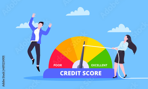 Woman pulls credit score arrow gauge speedometer indicator with color levels.