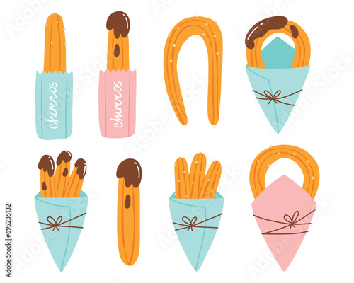 Set of churros in paper bags. Collection of Mexican churros. Vector illustration in flat hand drawn style.