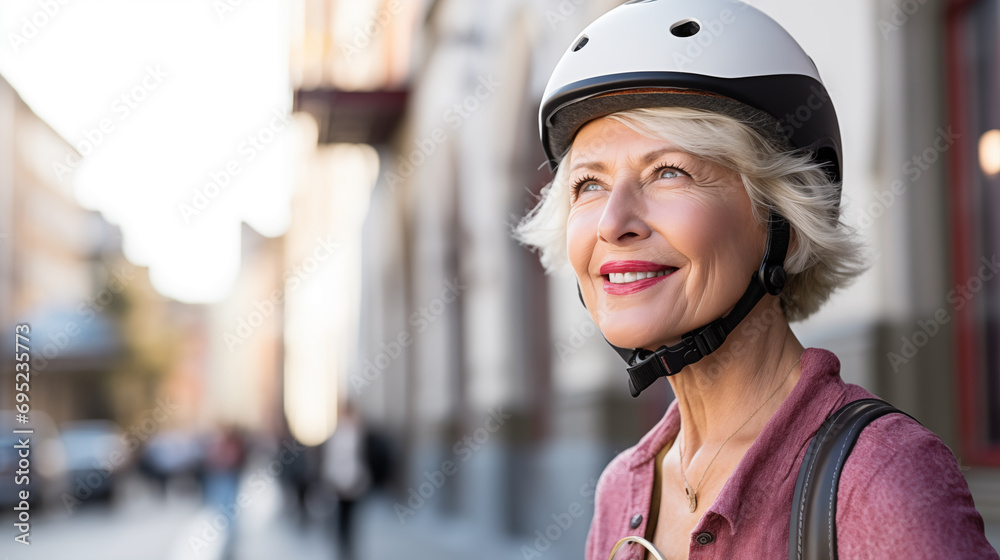 ai generative senior woman in street with helmet ai generative senior woman in street with helmet