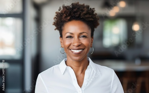 Middle age black businesswoman posing smiling in the modern office, smart casual. AI Generative.