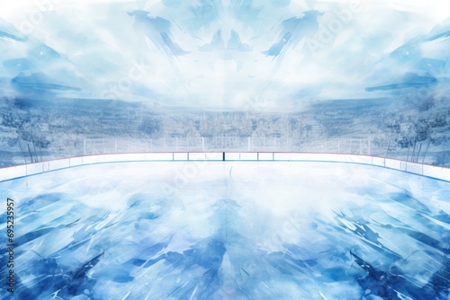 An ice hockey rink with a person standing on the ice. Suitable for sports and winter-themed designs