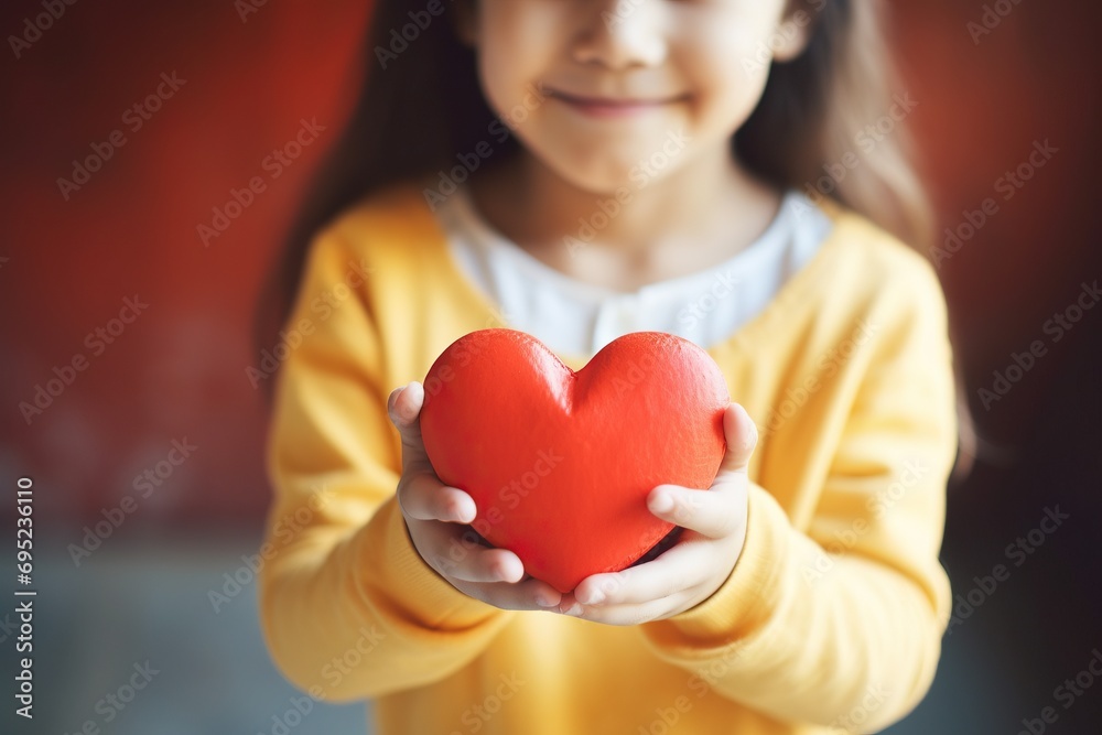 a little, young beautiful girl holding a paper heart in her hands. friendship, love, valentines day concept a little, young beautiful girl holding a paper heart in her hands. friendship, love, valentines day concept