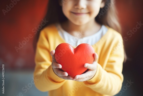 a little, young beautiful girl holding a paper heart in her hands. friendship, love, valentines day concept