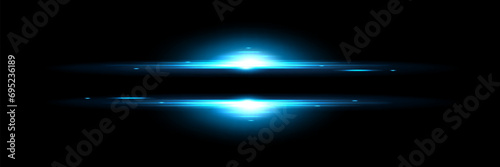 Blue light flash lines isolated on black background. Vector realistic illustration of horizontal energy blast strip, space explosion glare effect, bright shine on horizon, magic power burst fading