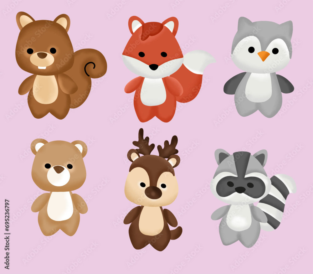 Fototapeta premium cute animal illustration, deer, penguin, squirrel, fox, bear