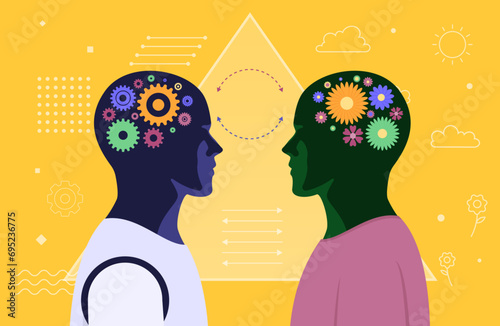 Artificial Intelligence VS Human. The human and AI heads are opposite each other. Vector illustration.