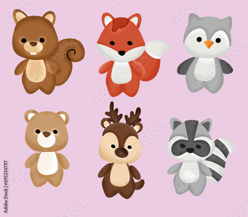 cute animal illustration, deer, penguin, squirrel, fox, bear
