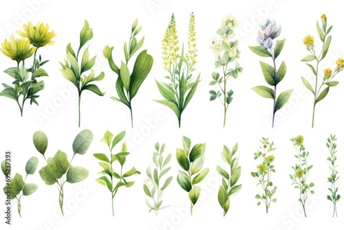 A collection of different types of flowers and leaves. Suitable for various uses