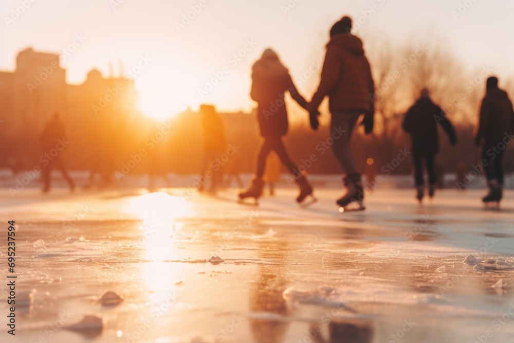 A group of people enjoying the winter season as they skate together on a frozen lake. Perfect for winter sports or outdoor activities promotions