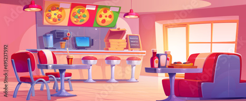 Pizzeria interior with furniture and equipment - tables and chairs, stack of cardboard boxes for delivery on bar counter and stool, food and drinks. Cartoon vector set of pizza restaurant room.