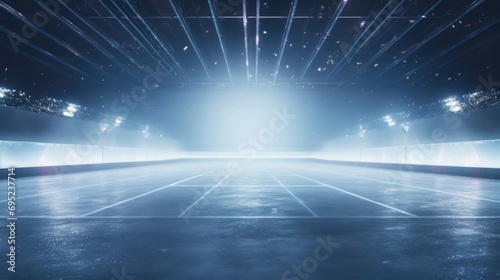 An empty tennis court illuminated by lights and spotlights. Perfect for sports-related designs and concepts