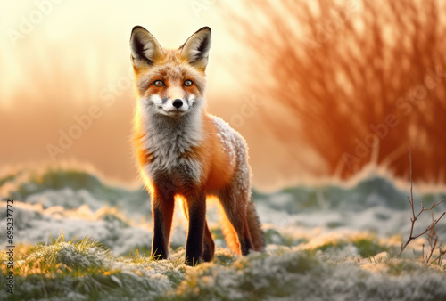 A young red fox cub with fluffy fur and sharp eyes, posing as a wild predator against a white background, showcasing its nature as a baby carnivore in a wildlife portrait © in