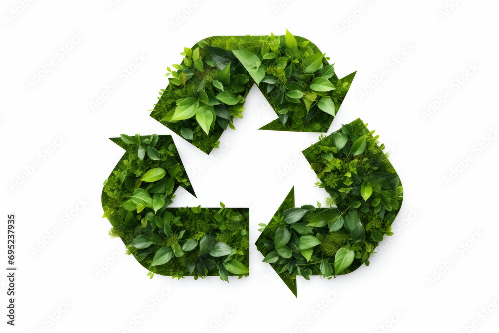 Recycling symbol made of green leaves isolated on a white background Recycling symbol made of green leaves isolated on a white background