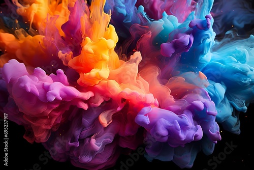 An abstract texture resembling a vibrant explosion of liquid colors frozen in time against a dark background photo