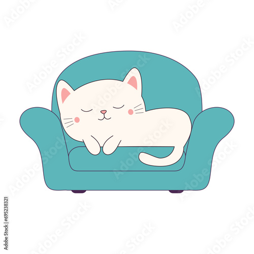 Cat sleeping on sofa chair. White kitten relaxing on cozy armchair in living room. Contour line doodle. Blue soft furniture. Cute cartoon kawaii animal character. Flat design. White background