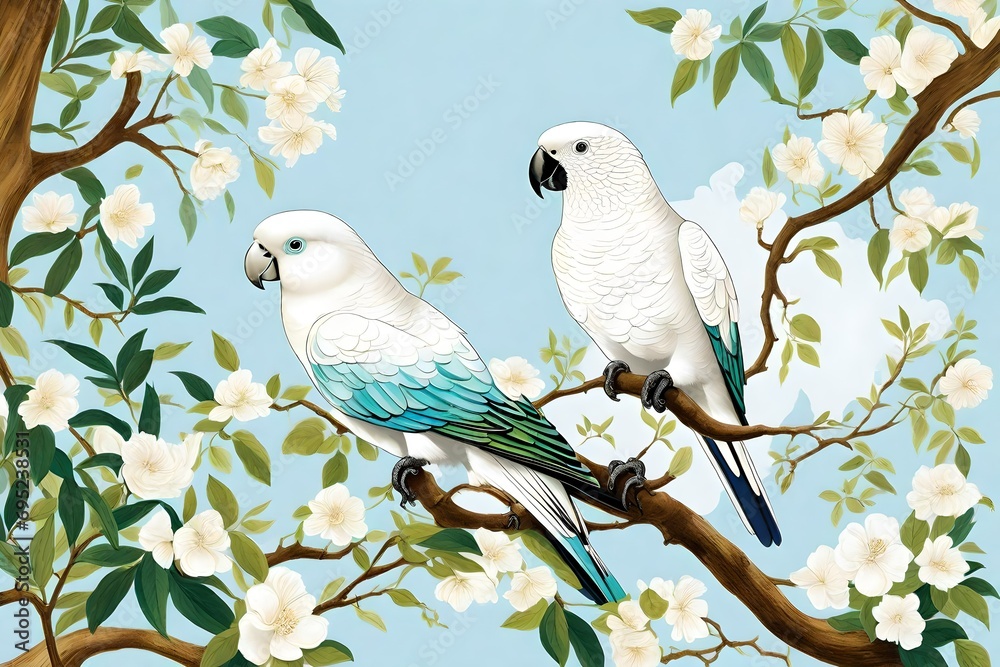 white and multicolor large parrot in the green garden sitting in the green branches in the green forest white parrot abstract background white and multicolor large parrot in the green garden sitting in the green branches in the green forest white parrot abstract background
